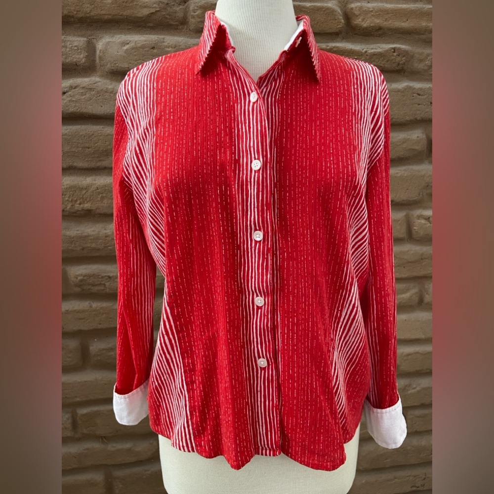 Talbots 100% Cotton Red and White Button Front Blouse Size Medium